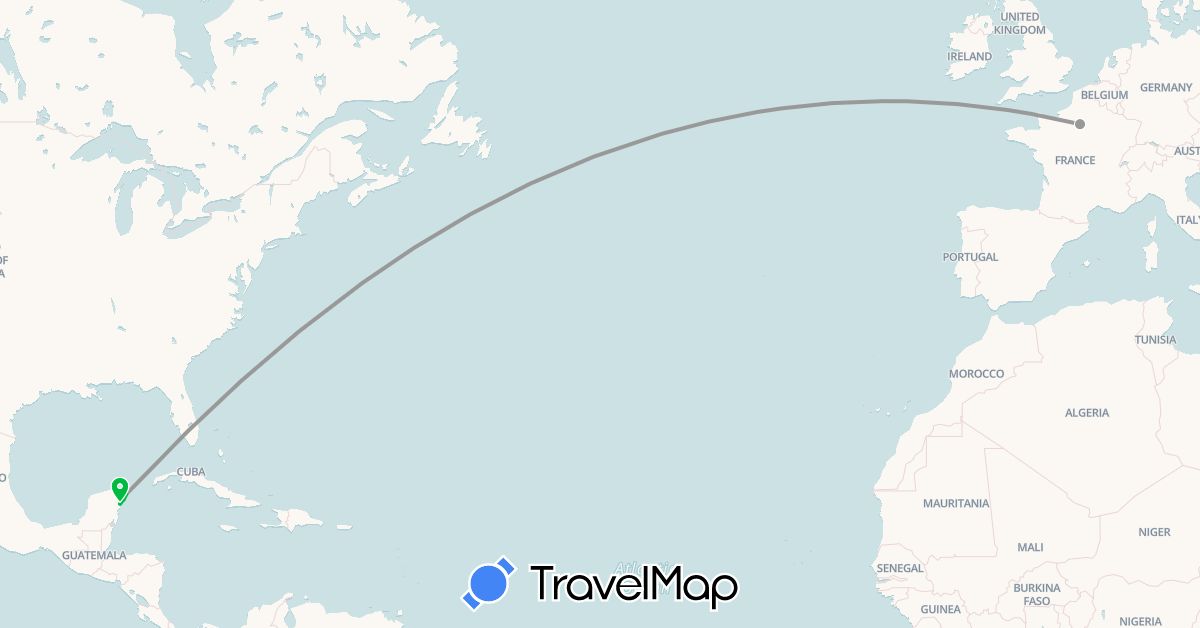 TravelMap itinerary: driving, bus, plane in France, Mexico (Europe, North America)